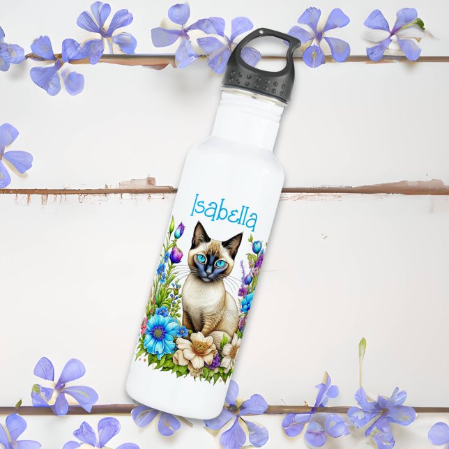 Personalisierte Ai Watercolor Siamese Katze in Blu Edelstahlflasche (Von Creator hochgeladen)