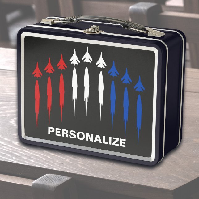 Personalisierte amerikanische Flagge-Jagdflugzeuge Metall Brotdose (Jets forming an American flag lunchbox)