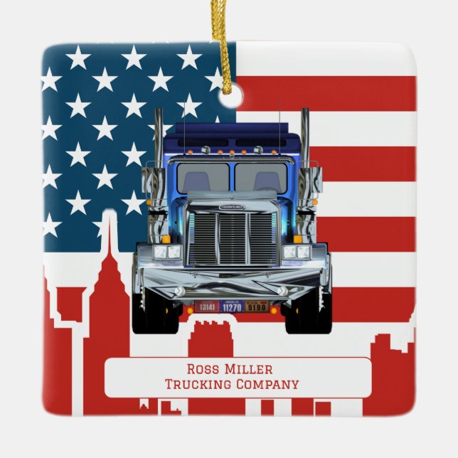 Personalisierte amerikanische Flagge Skyline Truck Keramikornament (Vorderseite)