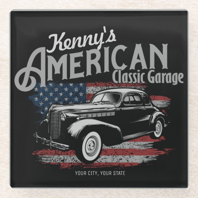 Personalisierte Amerikanische Vintage Autogarage Glasuntersetzer (Vorderseite)