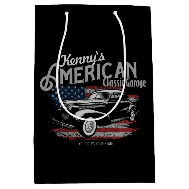 Personalisierte Amerikanische Vintage Autogarage Mittlere Geschenktüte (Vorderseite)