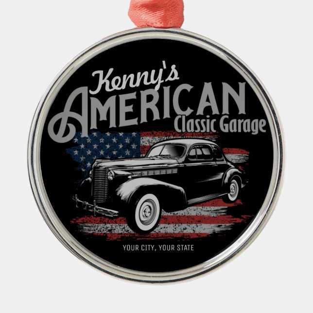 Personalisierte Amerikanische Vintage Autogarage Ornament Aus Metall (Vorne)