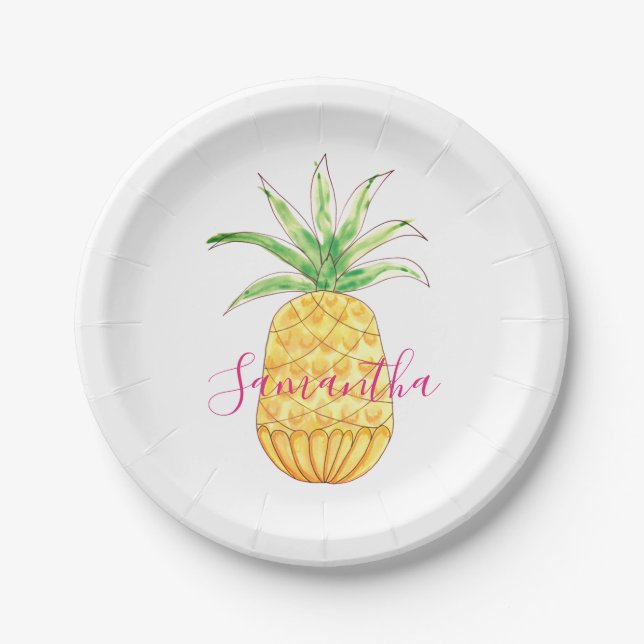 Personalisierte Ananas Gelb-Rosa Wasserfarbe Pappteller (Vorderseite)