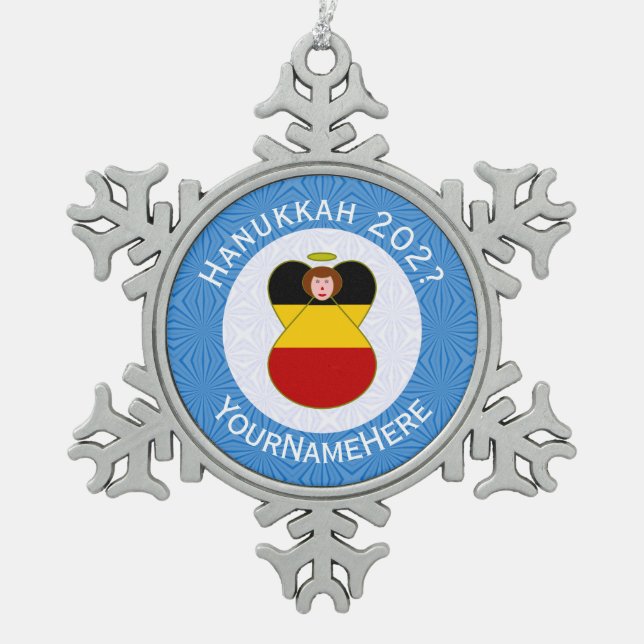 Personalisierte Angel Hanukkah-Fahne Schneeflocken Zinn-Ornament (Vorderseite)