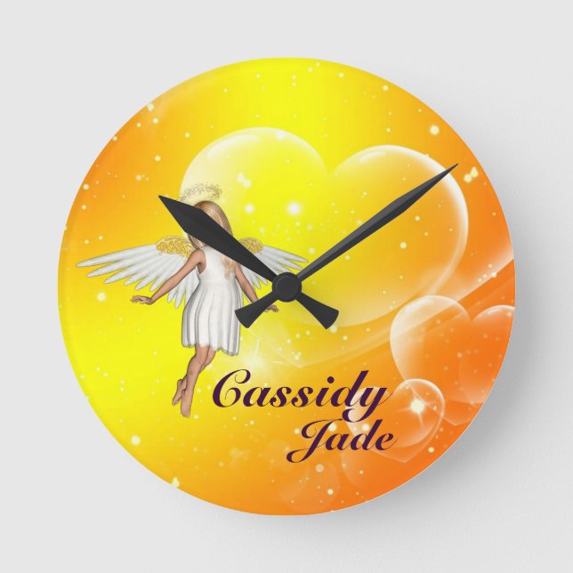Personalisierte Angel Wall Clock - gelbe Herzen Runde Wanduhr (Vorderseite)