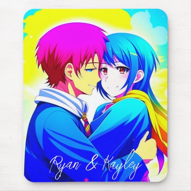 Personalisierte Anime Couple umarmt Rosa und Blau Mousepad (Vorne)