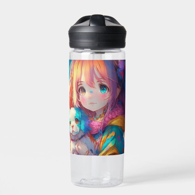 Personalisierte Anime Girl mit Welpe Trinkflasche (Vorderseite)