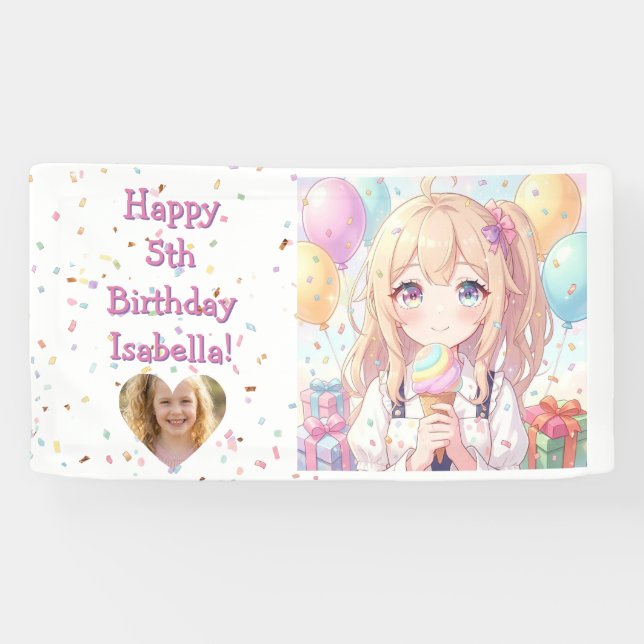 Personalisierte Anime-Mädchen-Eiscreme-Geburtstags Banner (Horizontal)