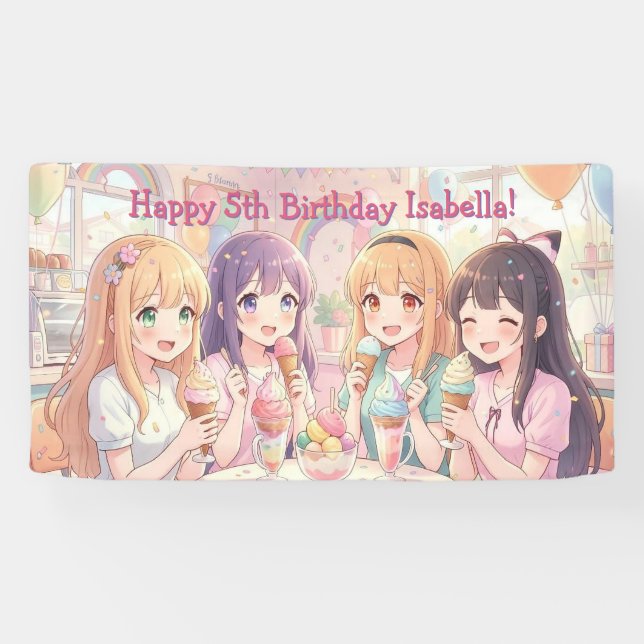 Personalisierte Anime-Mädchen-Eiscreme-Geburtstags Banner (Horizontal)
