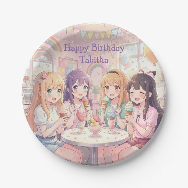 Personalisierte Anime-Mädchen-Eiscreme-Geburtstags Pappteller (Vorderseite)