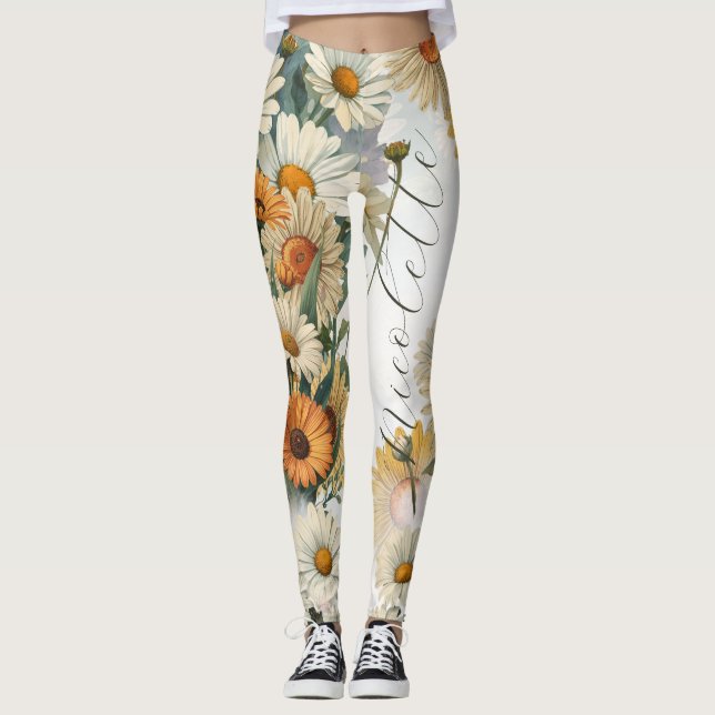 Personalisierte April-Geburtsblume Gänseblümchen Leggings (Vorderseite)