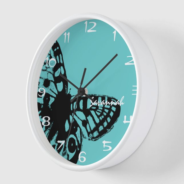 Personalisierte Aqua Butterfly Vintage Uhr (Winkel)