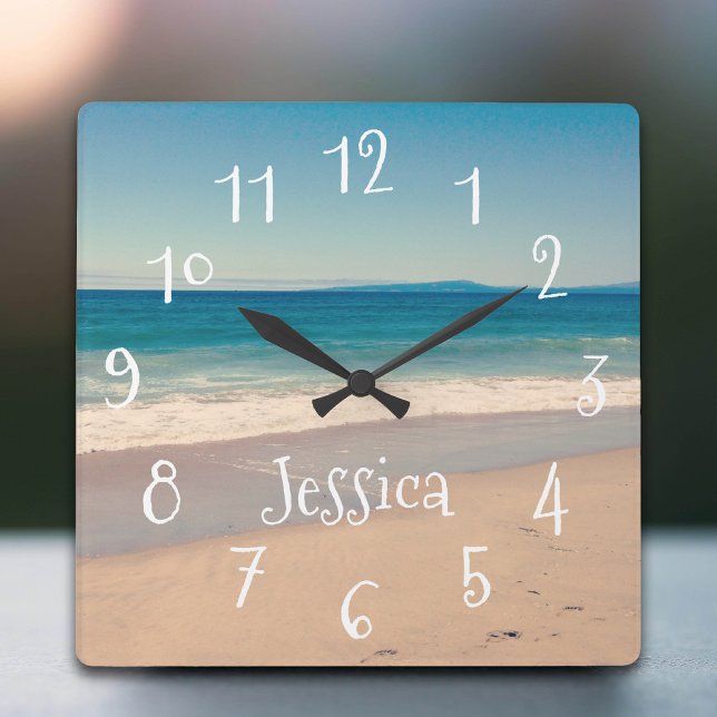Personalisierte Aqua Seaside Beach Szene Quadratische Wanduhr (Personalized Aqua Seaside Beach Scene Square Wall Clock)