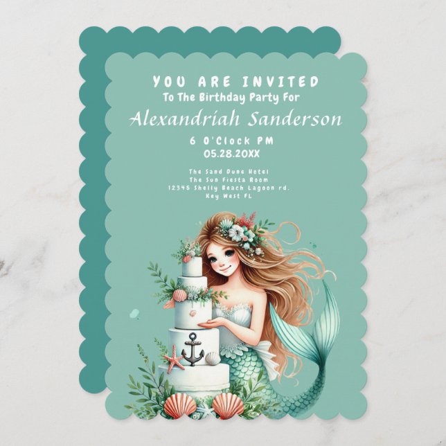 Personalisierte Aquamarine Mermaid Beach Birthday  Einladung (Vorne/Hinten)