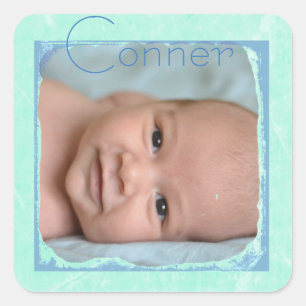 Personalisierte Aquamarine und Blue Baby Foto Stic Quadratischer Aufkleber