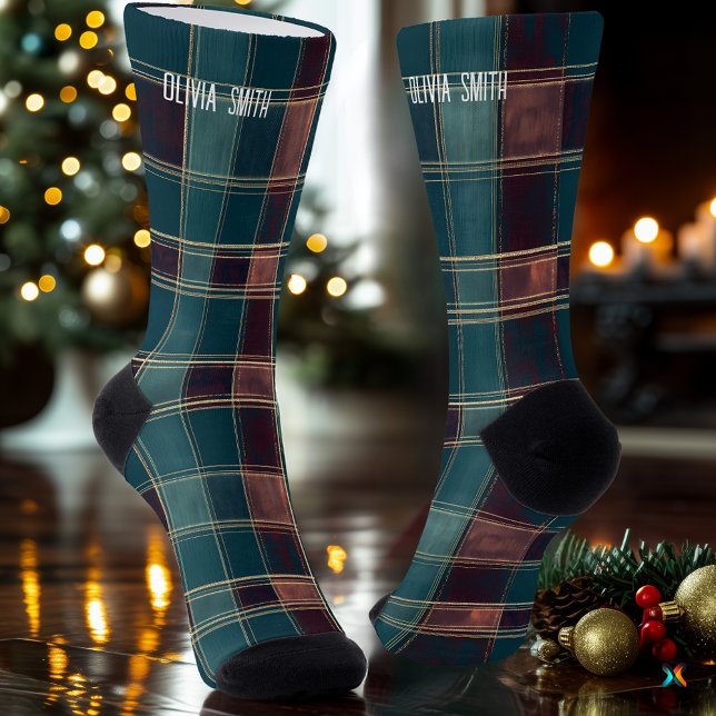 Personalisierte Aquamarine und Burgund Tartan Kari Socken (Von Creator hochgeladen)