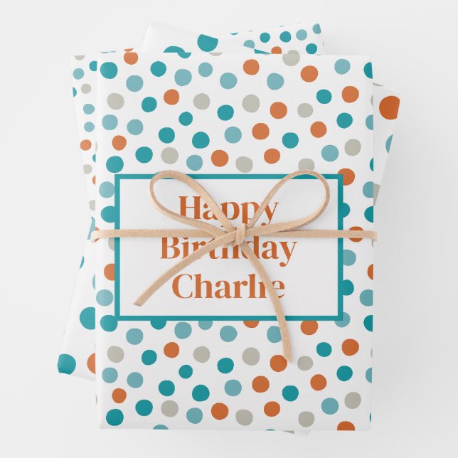 Personalisierte Aquamarine und Orange Fun Polka Pu Geschenkpapier Set (Beispiel)