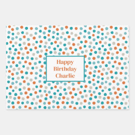 Personalisierte Aquamarine und Orange Fun Polka Pu Geschenkpapier Set