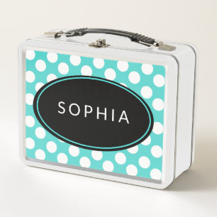 Personalisierte Aquamarine und weiße Polka Dot Lu Metall Lunch Box