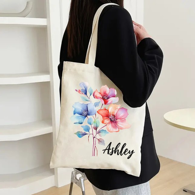 Personalisierte Aquarell-Blume-Beutel für Bridesma Tragetasche (watercolor flowers tote bag, floral tote bag, personalized bag, best mom ever gift, bridesmaid gift)
