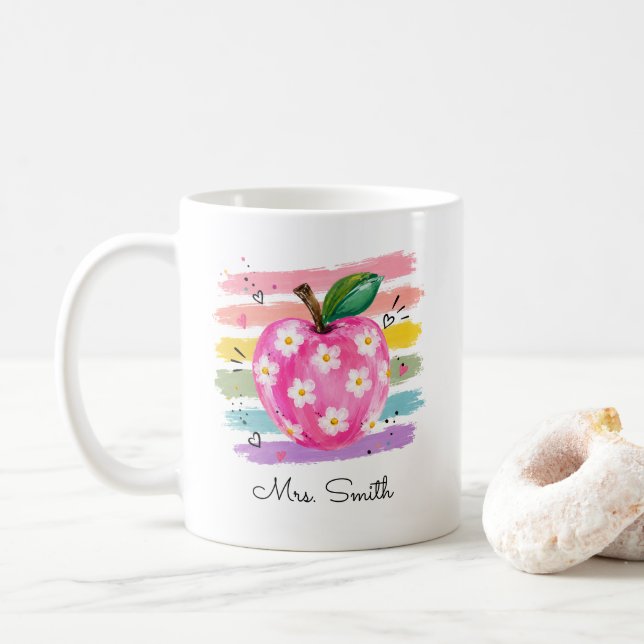 Personalisierte Aquarell-Gänseblümchen-Apfel Kaffeetasse (Mit Donut)