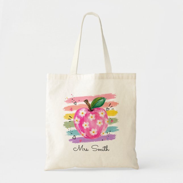 Personalisierte Aquarell-Gänseblümchen-Apfel Tragetasche (Vorne)