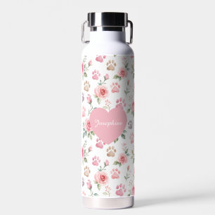 Personalisierte Aquarell-Rose- und Pfotenabdruck-F Trinkflasche