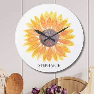 Personalisierte Aquarell-Sonnenblume Große Wanduhr