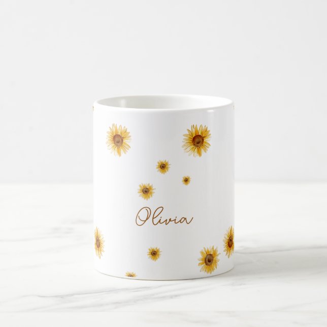 Personalisierte Aquarell-Sonnenblumen Kaffeetasse (Mittel)