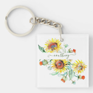 Personalisierte Aquarell-Sonnenblumen Schlüsselanhänger