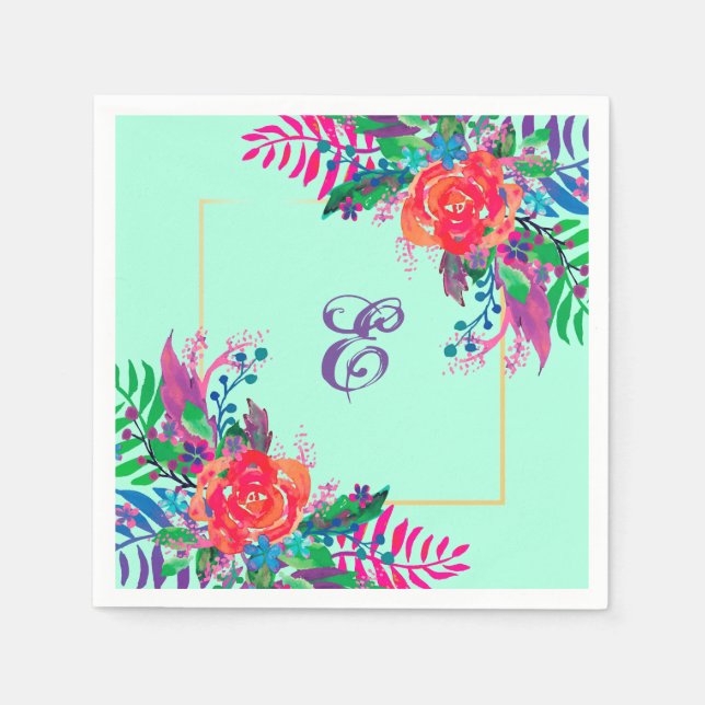 personalisierte Aquarellblüte mit goldfarbenem Ran Serviette (Vorderseite)