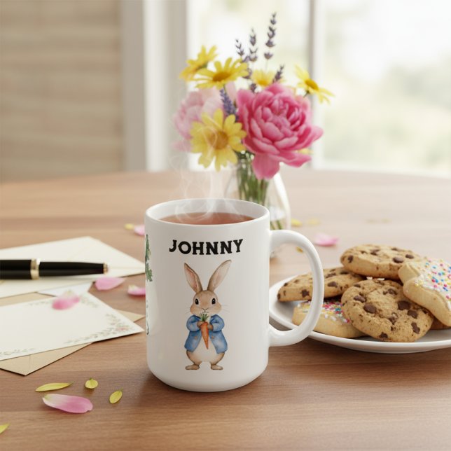 Personalisierte Aquarellfarbe Peter Rabbit Name Ki Kaffeetasse (Von Creator hochgeladen)