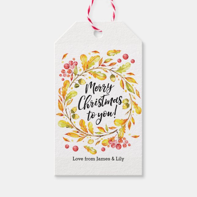 Personalisierte Aquarellkränze Weihnachtsgeschenk- Geschenkanhänger (Vorderseite)