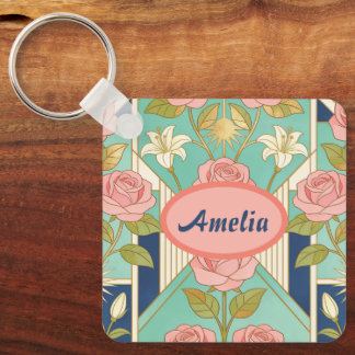 Personalisierte Art Deco Rosa Rosen Florale Name Schlüsselanhänger