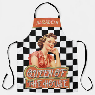 Personalisierte attraktive Retro-Königin des Hause Schürze