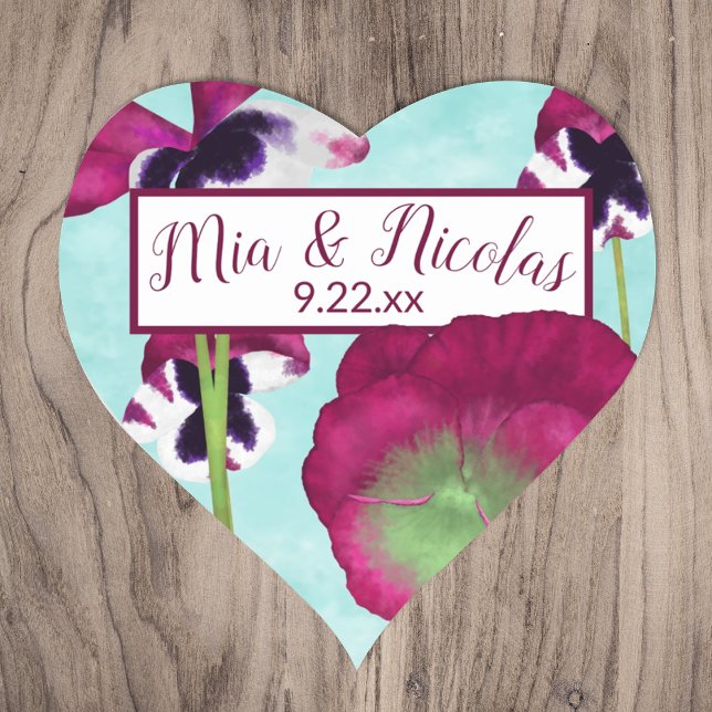 Personalisierte Aufkleber in Türkis und Rosa (turquoise blue cyan magenta berry pink pansy heart-shaped wedding monogram sticker couples names)