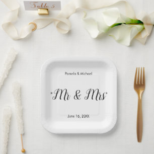 Personalisierte B&W Mr & Mrs Schriftart-2 Pappteller