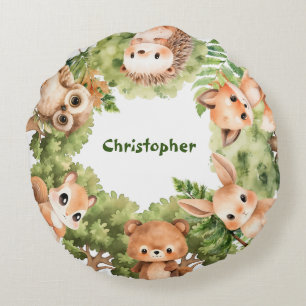 Personalisierte Baby Boy Watercolor Forest Animes Rundes Kissen