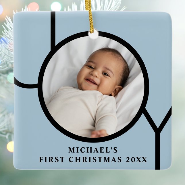 Personalisierte Baby Boy's Blue First Christmas Fo Keramikornament (Von Creator hochgeladen)