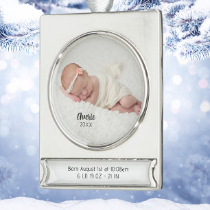 Personalisierte Baby-Foto-Geburtsstatistiken Weihn Banner-Ornament Silber