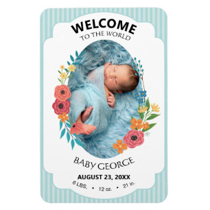 personalisierte babyblaue florale Geburtsanzeigen Magnet