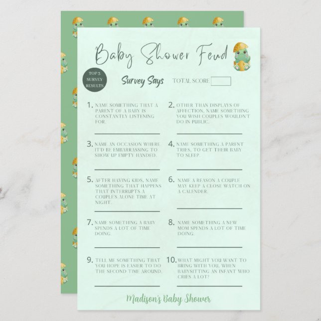 Personalisierte Babydusche Feud Baby Shower Game (Vorne/Hinten)