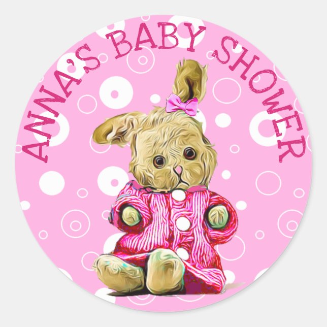 Personalisierte Babyduschkleber Pink Bunny Runder Aufkleber (Vorderseite)