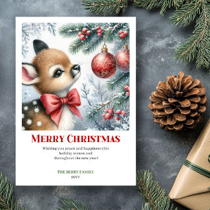 Personalisierte Babyhirsch-Winterszene Aquarell Feiertagskarte