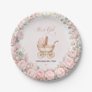 Personalisierte Babyparty 'Rosa Kutsche - Es ist e Pappteller