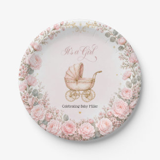 Personalisierte Babyparty 'Rosa Kutsche - Es ist e Pappteller