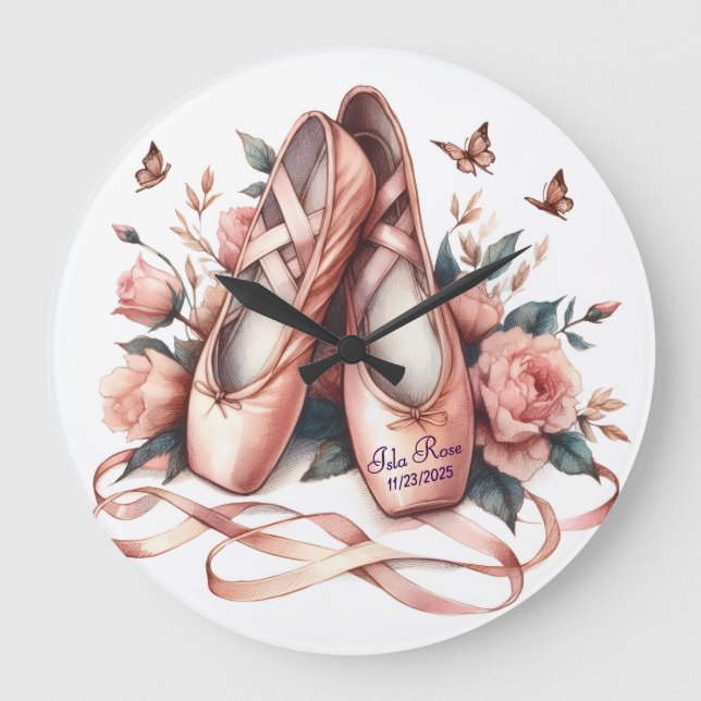 Personalisierte Ballet Slippers & Rose Wall Clock Große Wanduhr (Vorderseite)