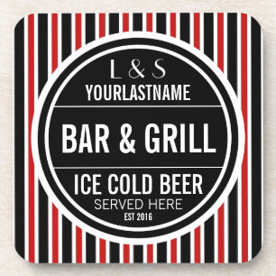 Personalisierte Bar und Grill Schwarz Weiß Rot Getränkeuntersetzer