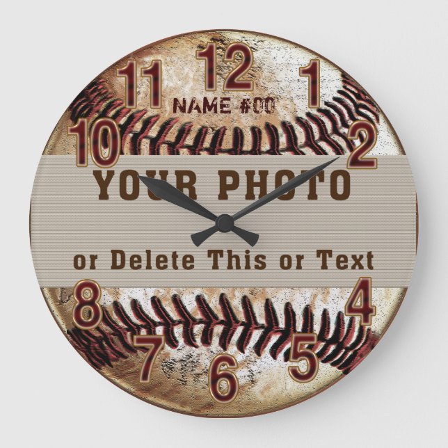 Personalisierte Baseball-Uhr, Ihr FOTO und Ihr TEX Große Wanduhr (Vorderseite)