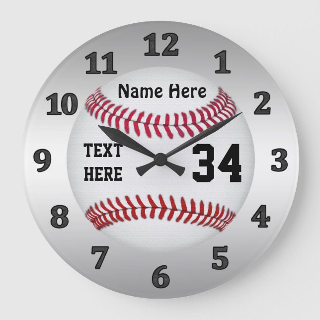 Personalisierte Baseballuhren mit NAME und NUMMER Große Wanduhr (Vorderseite)
